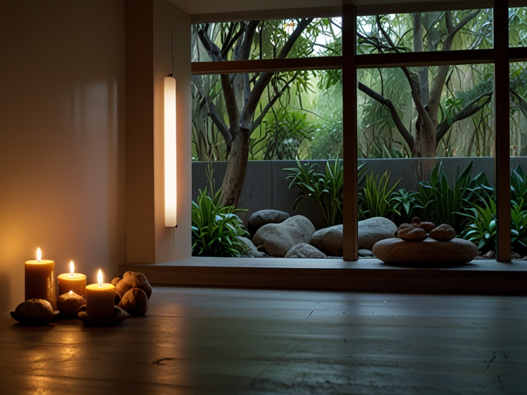 Serene meditatie omgeving met zachte verlichting en natuurlijke elementen