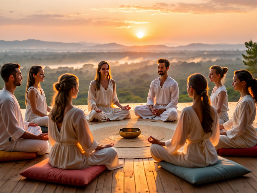 Groepsmeditatie tijdens zonsopgang retraite